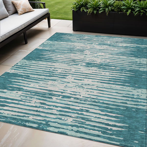 Homeroots 3' Artichoke Green And Ivory Striped Washable Area Rug For Indoor And Outdoor Spaces, Durable Design 5' X 8' Polyester 592426