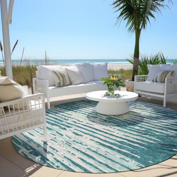 Homeroots 3' Artichoke Green And Ivory Striped Washable Area Rug For Indoor And Outdoor Spaces, Durable Design 8' Round Polyester 592427