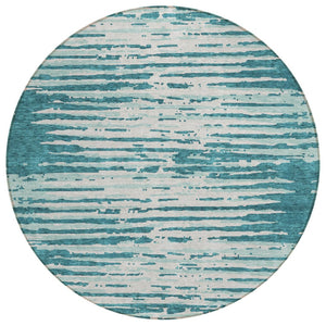 HomeRoots 5' Stylish Teal Blue and Ivory Striped Washable Area Rug for Indoor and Outdoor High-Traffic Spaces 8' Round 592427
