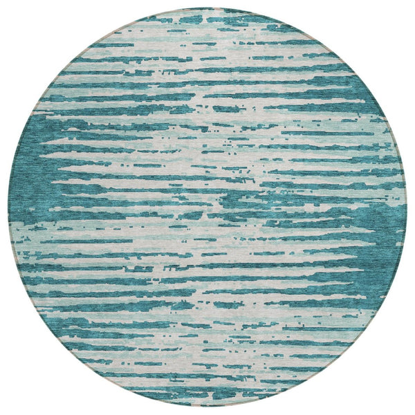 HomeRoots 5' Stylish Teal Blue and Ivory Striped Washable Area Rug for Indoor and Outdoor High-Traffic Spaces 8' Round 592427
