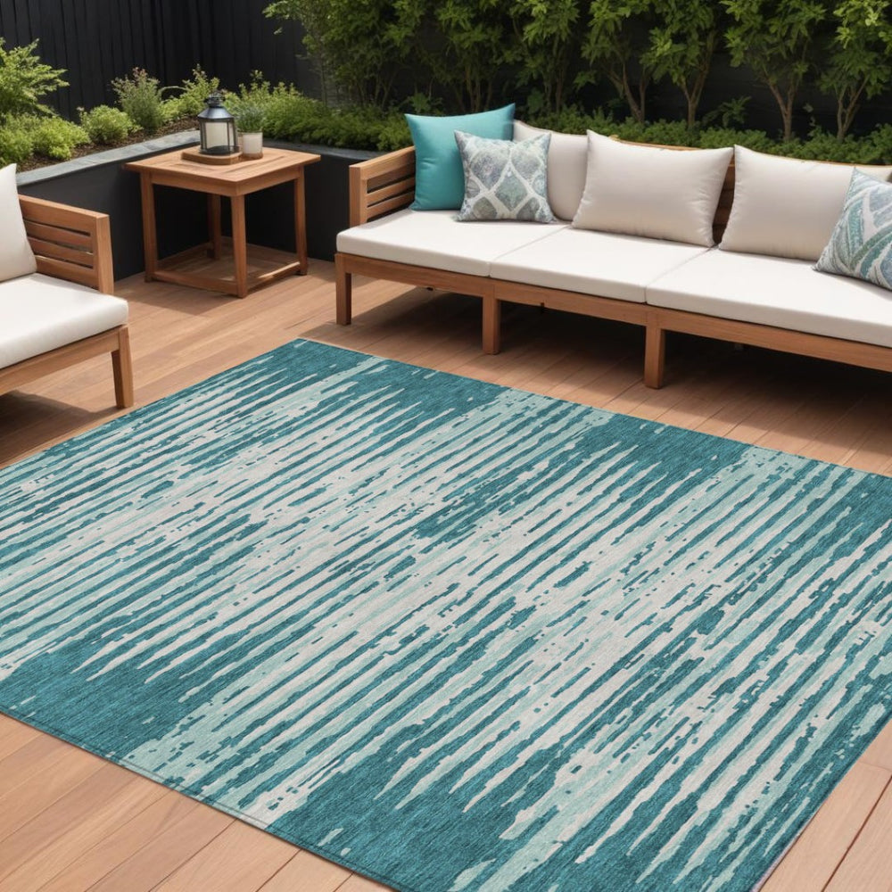 HomeRoots 9' Teal Blue and Ivory Striped Indoor Outdoor Area Rug - Stylish, Durable, Machine Washable Design 9' X 12' 592429