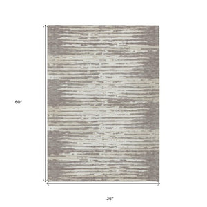 Homeroots 3' Artichoke Green And Ivory Striped Washable Area Rug For Indoor And Outdoor Spaces, Durable Design 3' X 5' Polyester 592431