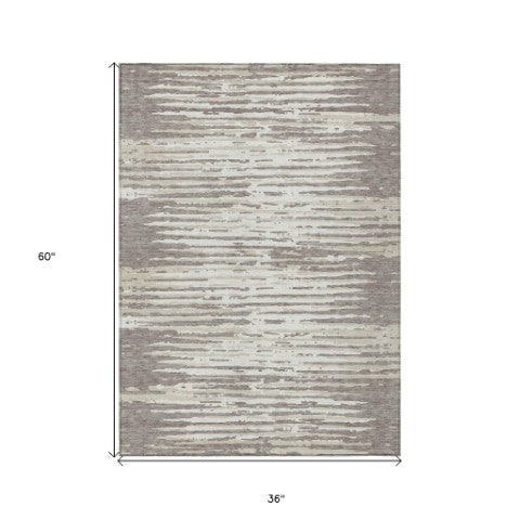 Homeroots 3' Artichoke Green And Ivory Striped Washable Area Rug For Indoor And Outdoor Spaces, Durable Design 3' X 5' Polyester 592431