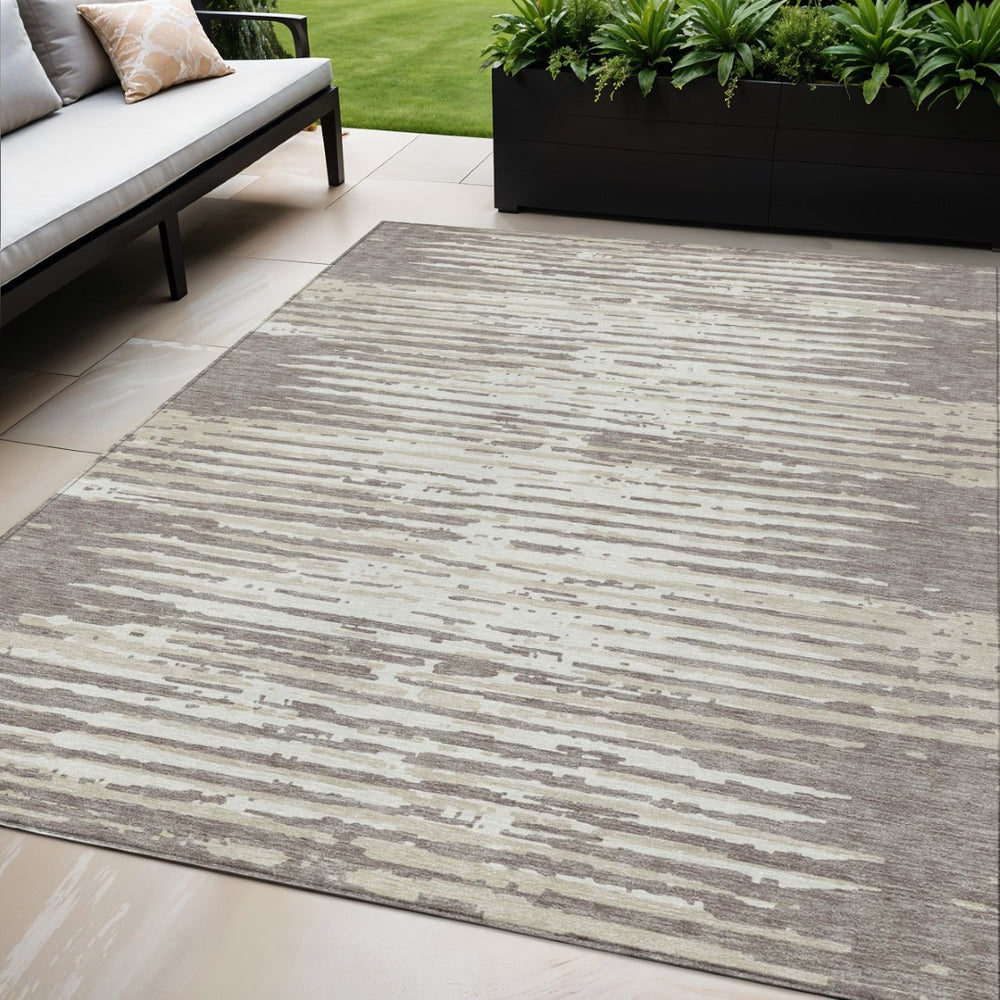HomeRoots 5' Striped Taupe and Ivory Area Rug – Stylish, Durable, and Washable for Indoor & Outdoor Use 5' X 8' 592432