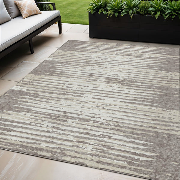 Homeroots 3' Artichoke Green And Ivory Striped Washable Area Rug For Indoor And Outdoor Spaces, Durable Design 5' X 8' Polyester 592432