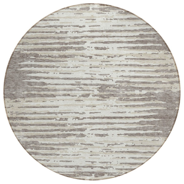 HomeRoots 5' Striped Taupe and Ivory Area Rug – Stylish, Durable, and Washable for Indoor & Outdoor Use 8' Round 592433