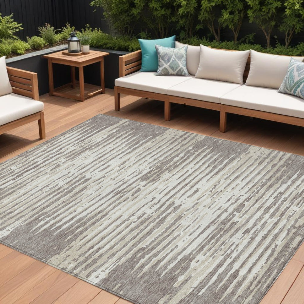 HomeRoots 9' Taupe and Ivory Striped Washable Area Rug - Durable Indoor Outdoor Design for Stylish Living Spaces 9' X 12' 592435