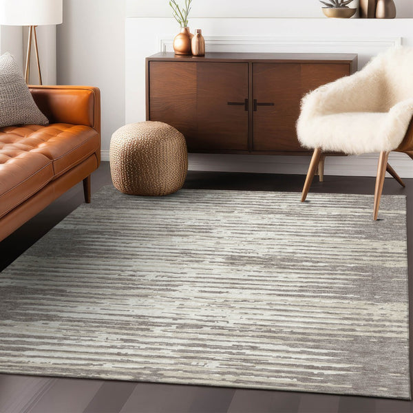 Homeroots 3' Artichoke Green And Ivory Striped Washable Area Rug For Indoor And Outdoor Spaces, Durable Design 9' X 12' Polyester 592435