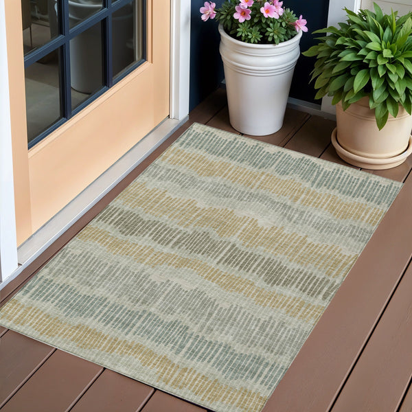 Homeroots 3' Striped Beige Brown And Gray Indoor-outdoor Area Rug - Durable, Washable, Stylish Addition! 3' X 5' Polyester 592437