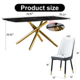 Hearth and Haven Large Modern Minimalist Rectangular Dining Table with 0.39 "Imitation Marble Black Tabletop and Golden Metal Legs, Paired with Chairs with Leatherette Cushions and Black Metal Legs. F-1537 C-007 W1151S00881 W1151S00881