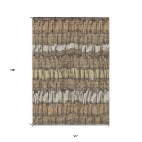 Homeroots 3' Striped Beige Brown And Gray Indoor-outdoor Area Rug - Durable, Washable, Stylish Addition! 3' X 5' Polyester 592449