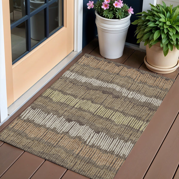 Homeroots 3' Striped Beige Brown And Gray Indoor-outdoor Area Rug - Durable, Washable, Stylish Addition! 3' X 5' Polyester 592449