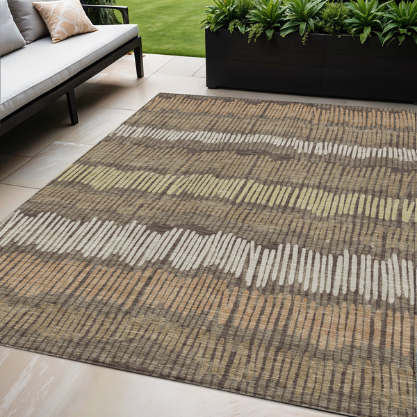 Homeroots 3' Striped Beige Brown And Gray Indoor-outdoor Area Rug - Durable, Washable, Stylish Addition! 5' X 8' Polyester 592450