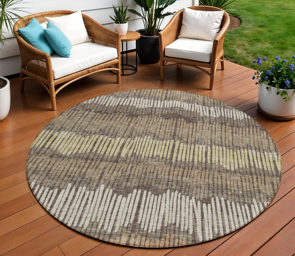 Homeroots 3' Striped Beige Brown And Gray Indoor-outdoor Area Rug - Durable, Washable, Stylish Addition! 8' Round Polyester 592451