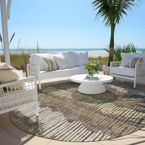 Homeroots 3' Striped Beige Brown And Gray Indoor-outdoor Area Rug - Durable, Washable, Stylish Addition! 8' Round Polyester 592451