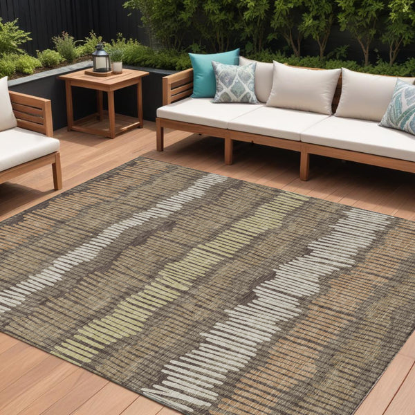 Homeroots 3' Striped Beige Brown And Gray Indoor-outdoor Area Rug - Durable, Washable, Stylish Addition! 8' X 10' Polyester 592452