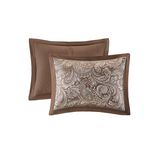 English Elm 12 Piece Comforter Set - Elegant Blue/Brown Jacquard With Soft Cotton Sheets For King Beds B035128824