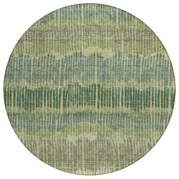 HomeRoots 5' Stylish Washable Area Rug in Green, Gray, and Ivory Stripes for Indoor and Outdoor Spaces 8' Round 592469