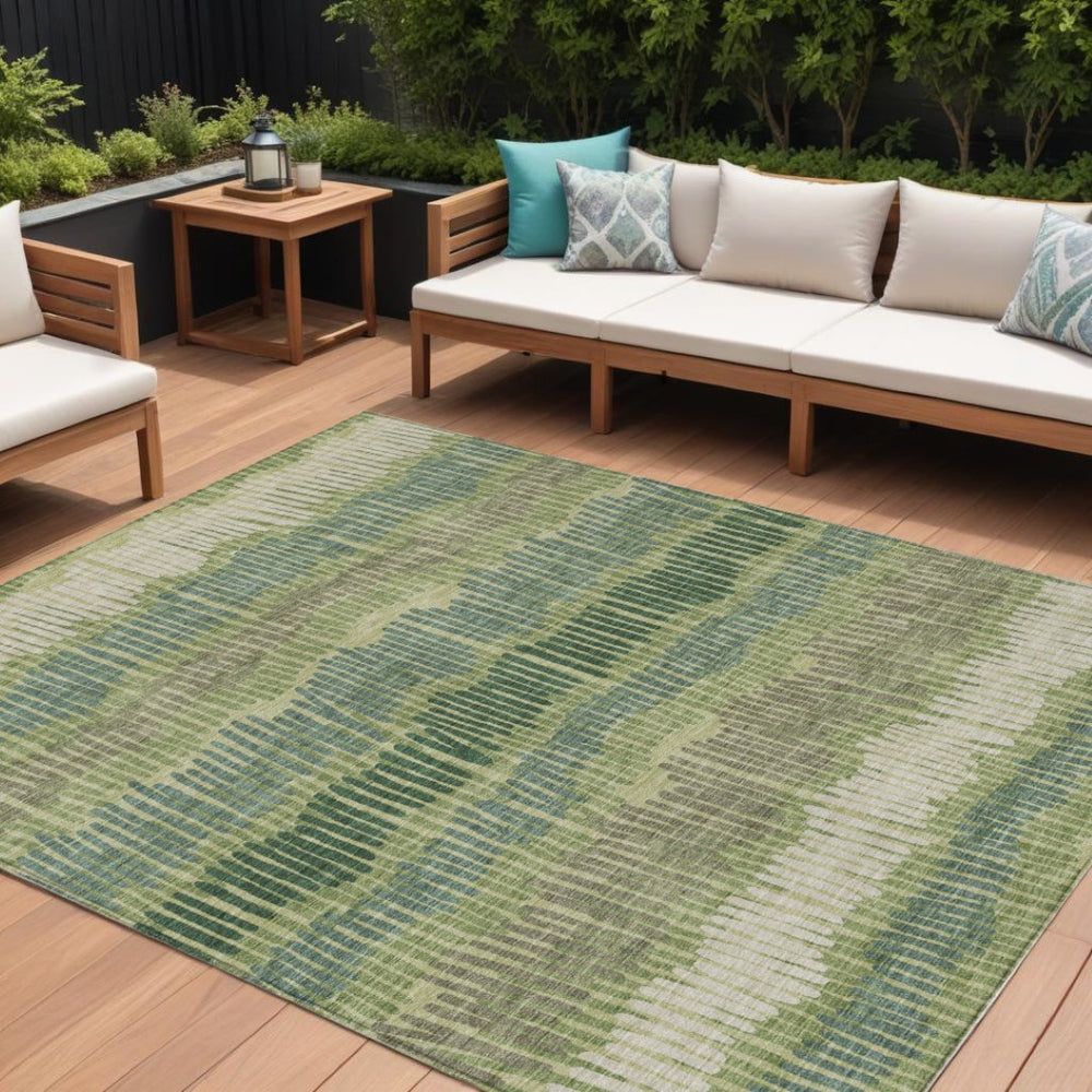 HomeRoots 5' Stylish Washable Area Rug in Green, Gray, and Ivory Stripes for Indoor and Outdoor Spaces 10' X 14' 592472