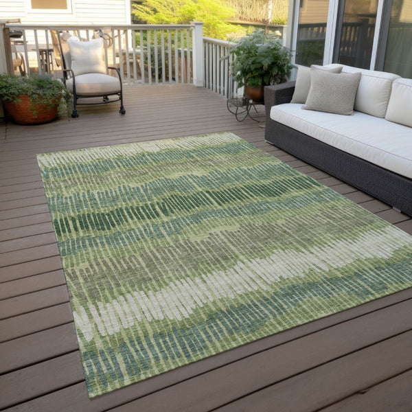 HomeRoots 5' Stylish Washable Area Rug in Green, Gray, and Ivory Stripes for Indoor and Outdoor Spaces 10' X 14' 592472