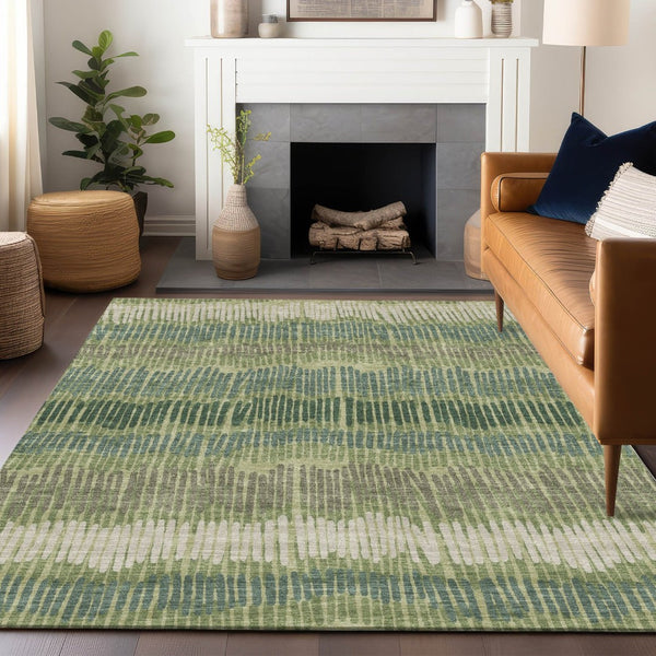 HomeRoots 5' Stylish Washable Area Rug in Green, Gray, and Ivory Stripes for Indoor and Outdoor Spaces 10' X 14' 592472