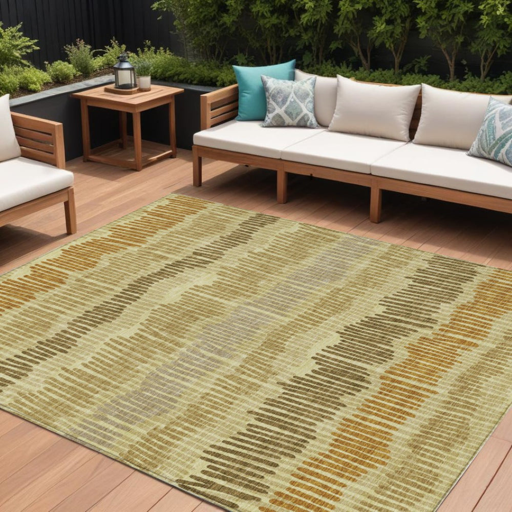 HomeRoots 9' Striped Indoor Outdoor Area Rug in Gold, Brown, and Gray - Durable, Washable, and Stylish Decor 9' X 12' 592477