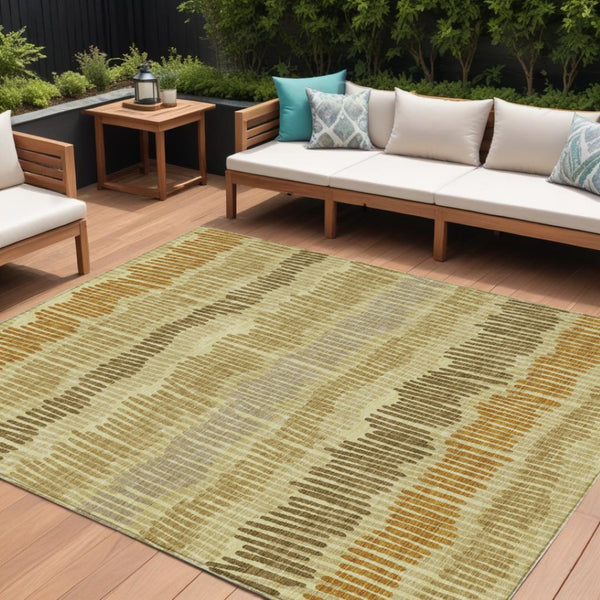 HomeRoots 5' Gold Brown and Gray Striped Washable Area Rug - Durable, Stylish, Perfect for Indoor & Outdoor Use 10' X 14' 592478