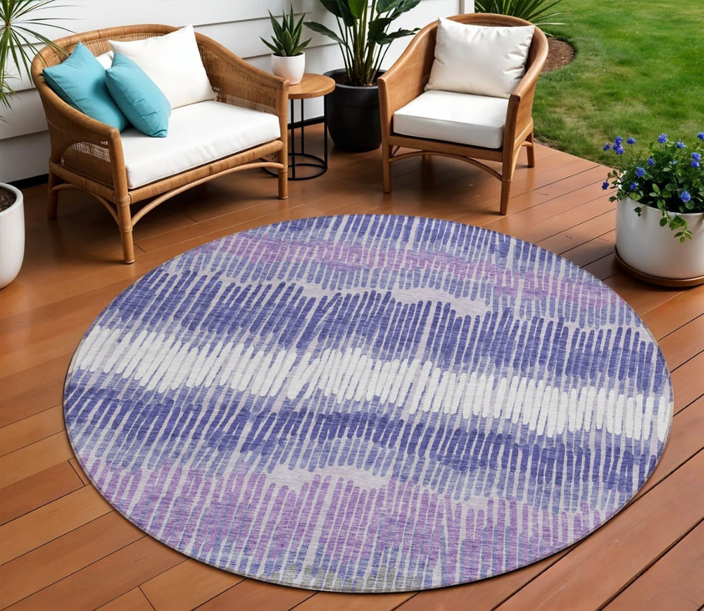 HomeRoots 5' Stylish Purple and Gray Striped Washable Area Rug for Indoor and Outdoor Use, Durable Design 8' Round 592499