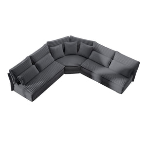 English Elm 5-seater Curved Corner Sectional Sofa Ribbed Corduroy Upholstery with Seven Accent Pillows Dark Gray W2606S00016