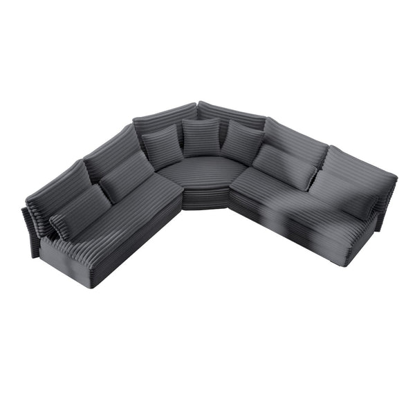 English Elm 5-seater Curved Corner Sectional Sofa Ribbed Corduroy Upholstery with Seven Accent Pillows Dark Gray W2606S00016