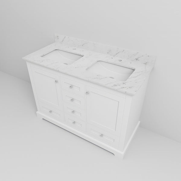 English Elm White Double Bath Vanity 48 in W x 22 in D with Carrara Marble Top, Solid Wood, Soft-Close Drawers, Ample Storage B2731P258173