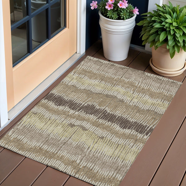 Homeroots 3' Striped Beige Brown And Gray Indoor-outdoor Area Rug - Durable, Washable, Stylish Addition! 3' X 5' Polyester 592503