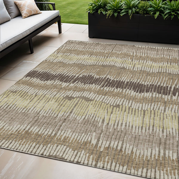 Homeroots 3' Striped Beige Brown And Gray Indoor-outdoor Area Rug - Durable, Washable, Stylish Addition! 5' X 8' Polyester 592504