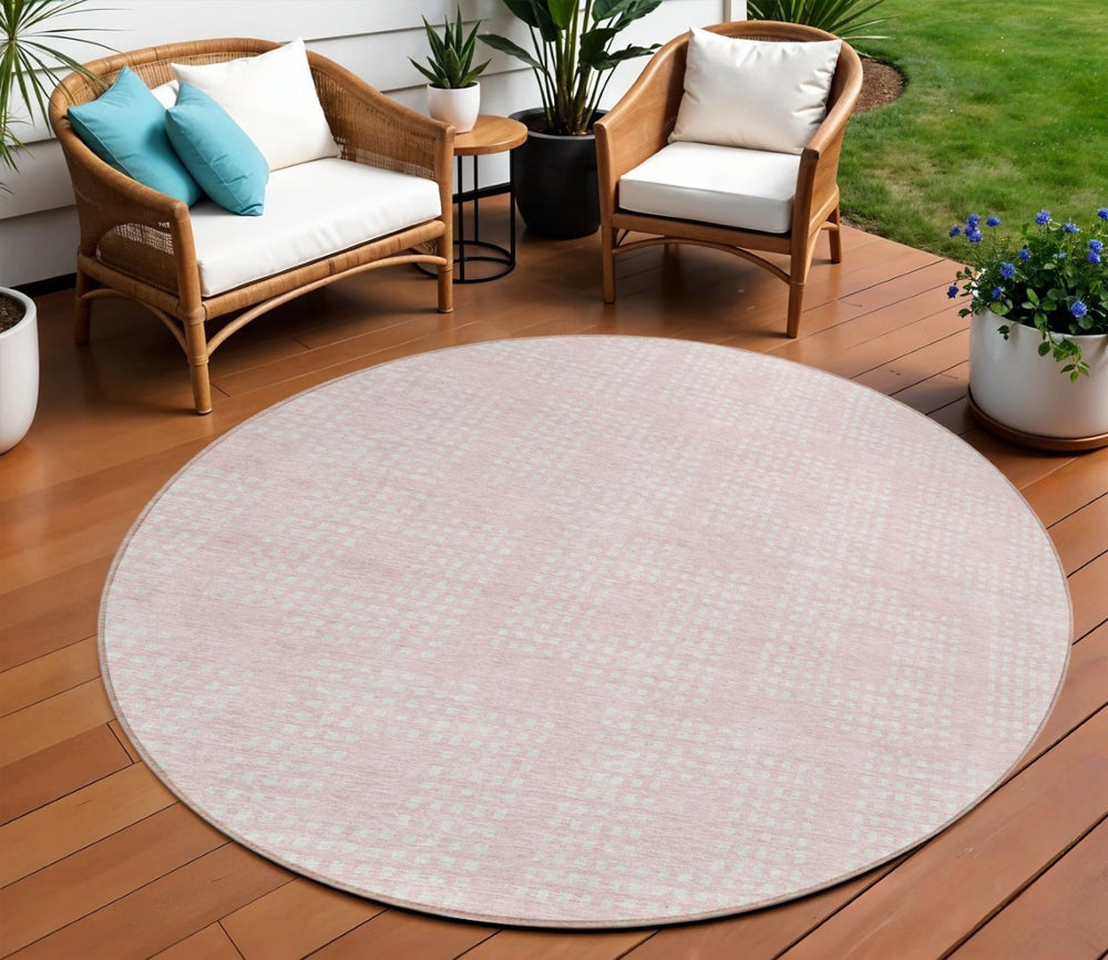 HomeRoots 5' Stylish Pink and Ivory Geometric Area Rug for Indoor and Outdoor Use – Durable, Washable Design 8' Round 592559