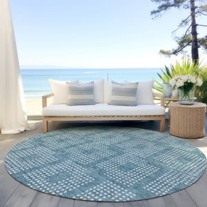 HomeRoots 5' Teal Blue and Ivory Geometric Area Rug for Indoor and Outdoor Spaces – Modern, Durable, Washable Design 8' Round 592577