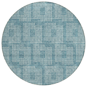HomeRoots 5' Teal Blue and Ivory Geometric Area Rug for Indoor and Outdoor Spaces – Modern, Durable, Washable Design 8' Round 592577
