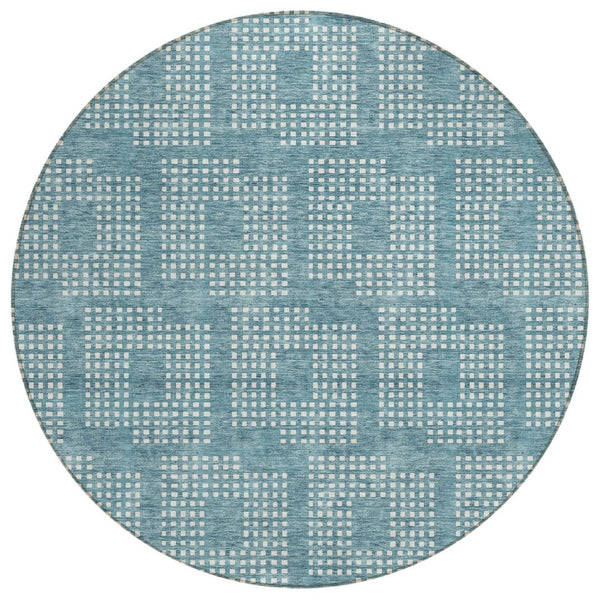 HomeRoots 5' Teal Blue and Ivory Geometric Area Rug for Indoor and Outdoor Spaces – Modern, Durable, Washable Design 8' Round 592577