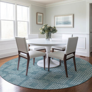 HomeRoots 5' Teal Blue and Ivory Geometric Area Rug for Indoor and Outdoor Spaces – Modern, Durable, Washable Design 8' Round 592577