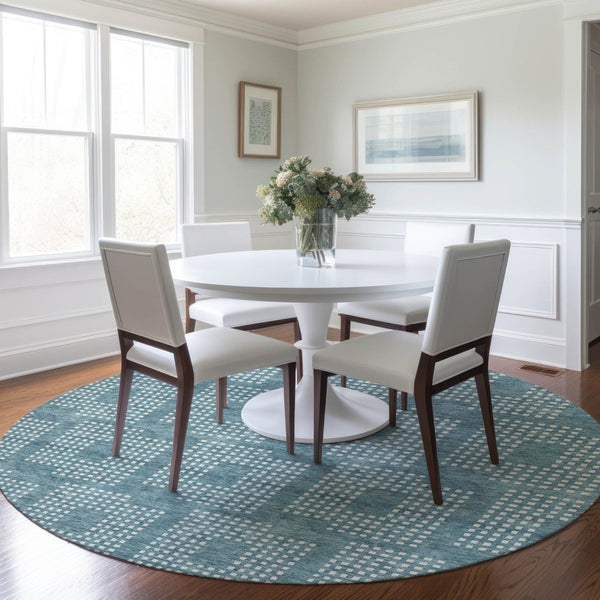 HomeRoots 5' Teal Blue and Ivory Geometric Area Rug for Indoor and Outdoor Spaces – Modern, Durable, Washable Design 8' Round 592577