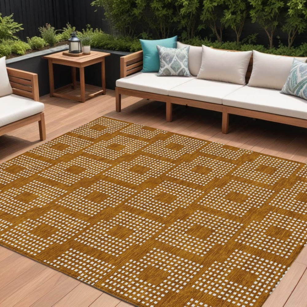 HomeRoots 9' Geometric Terra Cotta and Ivory Area Rug - Durable, Washable Design for Indoor and Outdoor Use 9' X 12' 592591