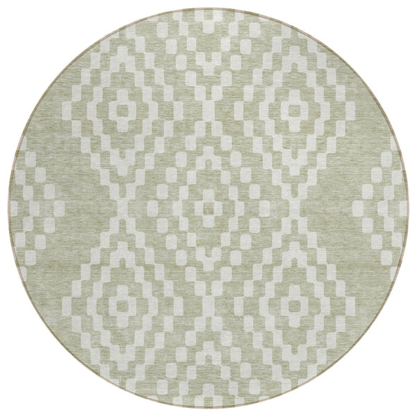 HomeRoots 5' Artichoke Green and Ivory Geometric Area Rug - Stylish, Durable, Machine Washable for Indoors & Outdoors 8' Round 592601