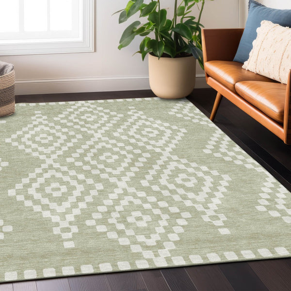 Homeroots 3' Artichoke Green Geometric Washable Indoor Outdoor Area Rug For Stylish Living Spaces & Patios 9' X 12' Polyester 592603