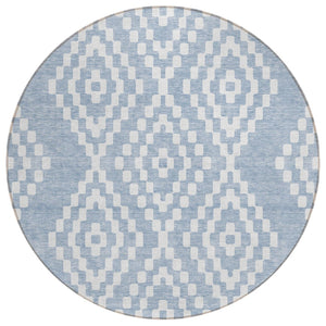 HomeRoots 5' Stylish Denim Blue and Ivory Geometric Area Rug - Washable, Durable, Perfect for Indoor & Outdoor Use 8' Round 592619
