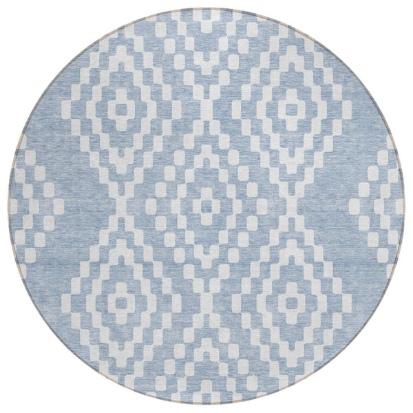 HomeRoots 5' Stylish Denim Blue and Ivory Geometric Area Rug - Washable, Durable, Perfect for Indoor & Outdoor Use 8' Round 592619