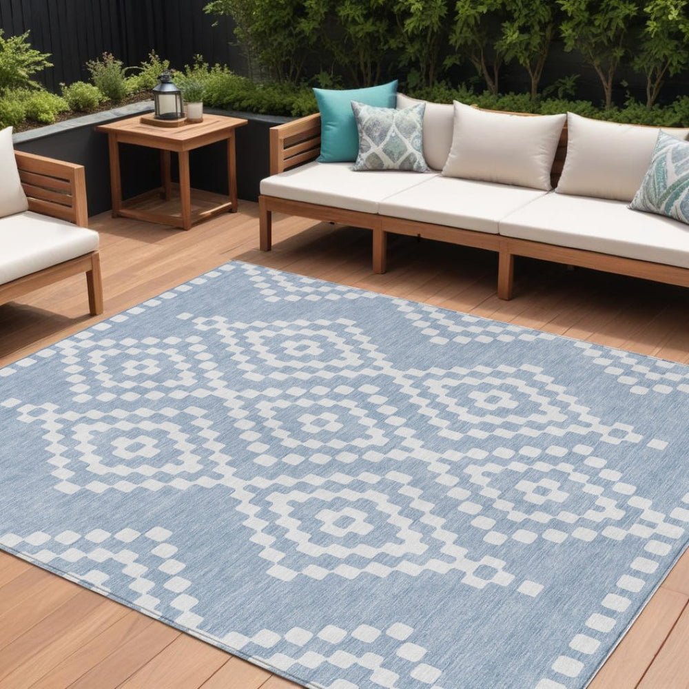 HomeRoots 5' Stylish Denim Blue and Ivory Geometric Area Rug - Washable, Durable, Perfect for Indoor & Outdoor Use 8' X 10' 592620
