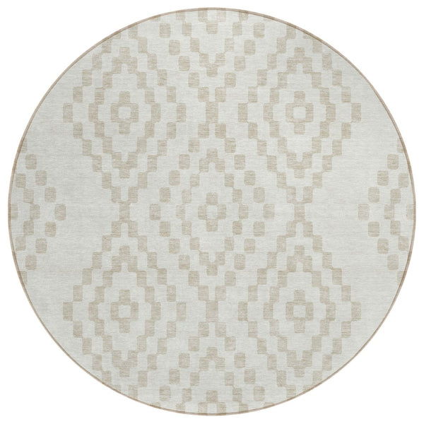 HomeRoots 5' Elegant Ivory and Beige Geometric Area Rug - Durable, Washable, Perfect for Indoor and Outdoor Spaces 8' Round 592631