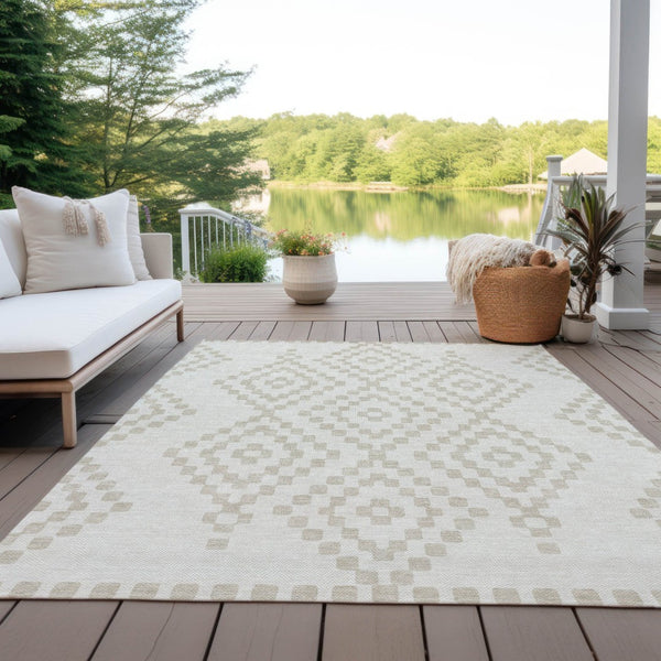 HomeRoots 5' Elegant Ivory and Beige Geometric Area Rug - Durable, Washable, Perfect for Indoor and Outdoor Spaces 8' X 10' 592632