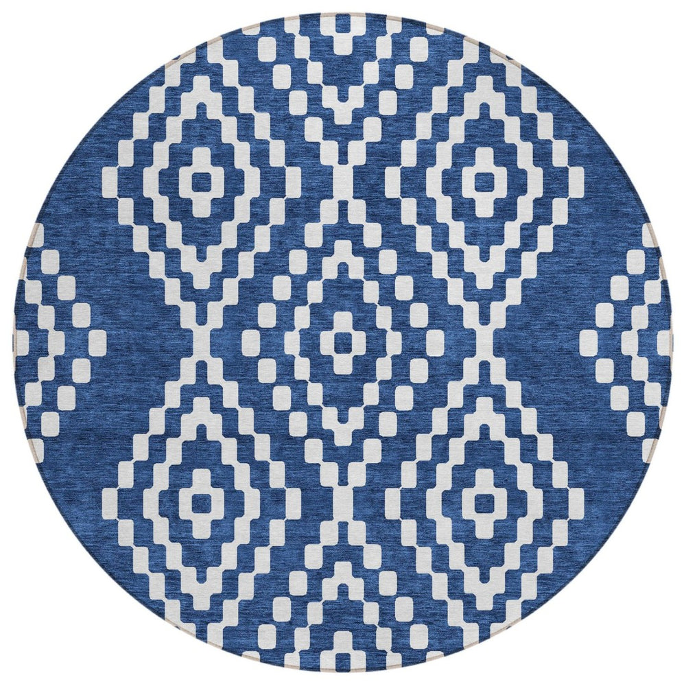 HomeRoots 5' Stylish Navy Blue and Ivory Geometric Area Rug - Durable, Washable for Indoor and Outdoor Use 8' Round 592637