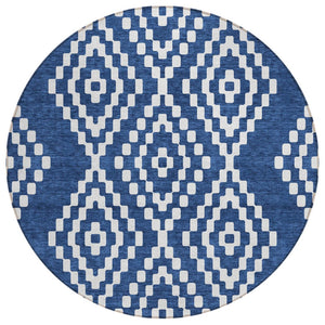 HomeRoots 5' Stylish Navy Blue and Ivory Geometric Area Rug - Durable, Washable for Indoor and Outdoor Use 8' Round 592637