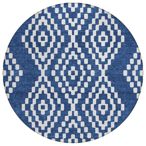 HomeRoots 5' Stylish Navy Blue and Ivory Geometric Area Rug - Durable, Washable for Indoor and Outdoor Use 8' Round 592637